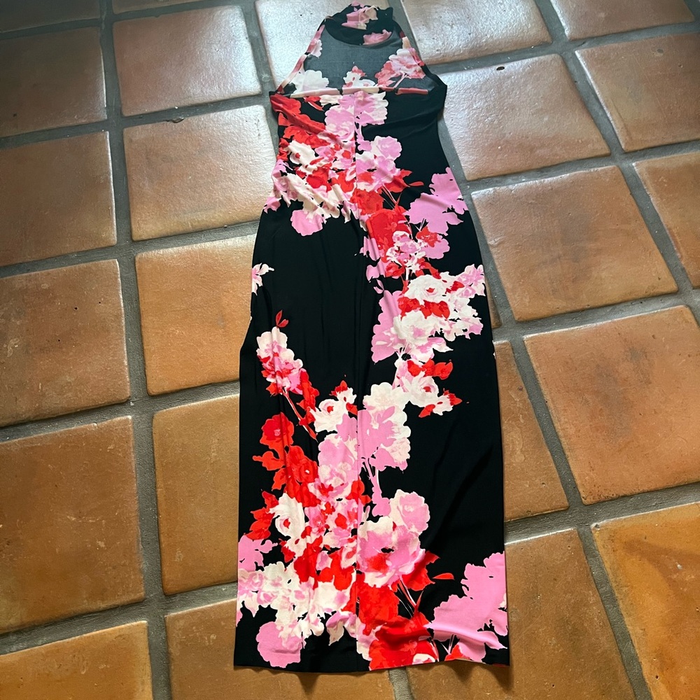 Norma Kamali Floral Maxi Dress - Black and Pink halter